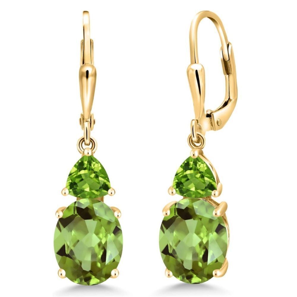 18K Yellow Gold with 6.56 Cttw Green Peridot Leverback Dangling Drop Earrings